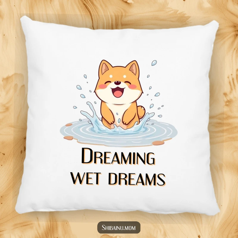 Funny pillow featuring a Shiba Inu dog joyfully splashing in a puddle, water flying, offering comfort and a cheerful touch of canine happiness.