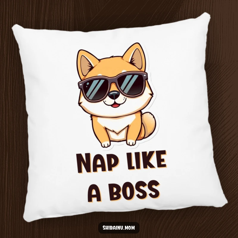 Funny pillow featuring a cool Shiba Inu dog wearing sunglasses, providing comfort and a humorous, stylish accent for any living space.
