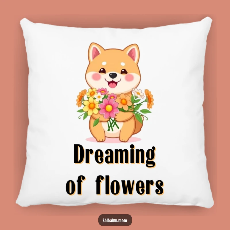Funny Kawaii Shiba Inu Flower Pillow: Happy Pup with Bouquet for Comfort!