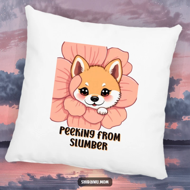 Funny Shiba Inu pillow featuring a dog with wide eyes peeking from behind a flower, adding a touch of canine charm.