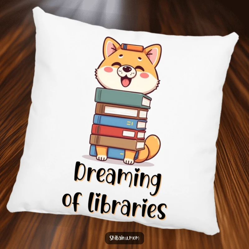 Funny Shiba Inu pillow featuring a proud dog balancing a substantial stack of books on its head, looking studious.