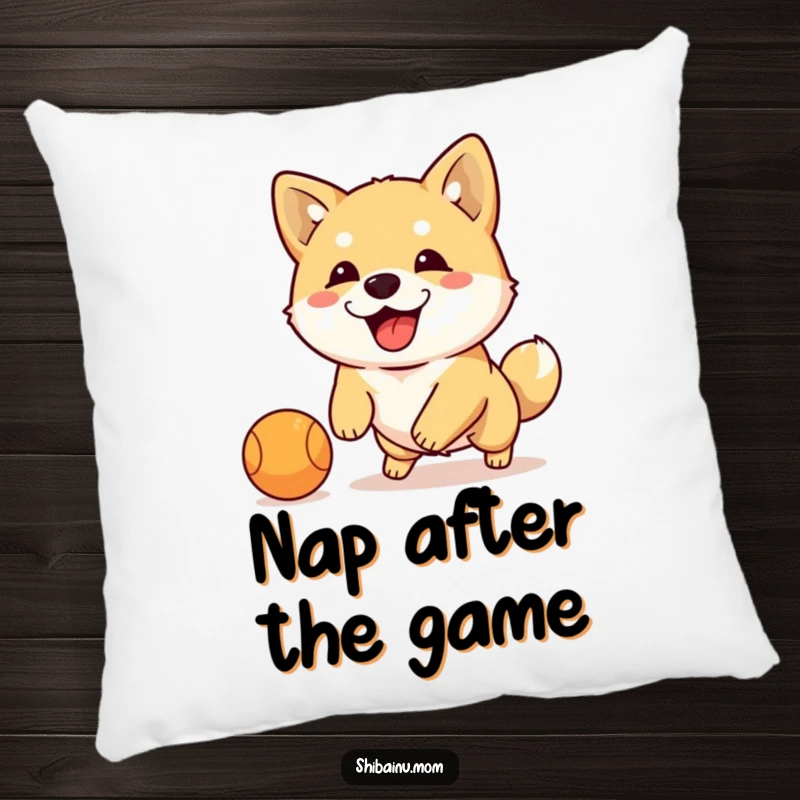 Funny Shiba Inu dribbling ball pillow, a cozy cushion featuring an energetic floppy-eared dog playing with a ball.