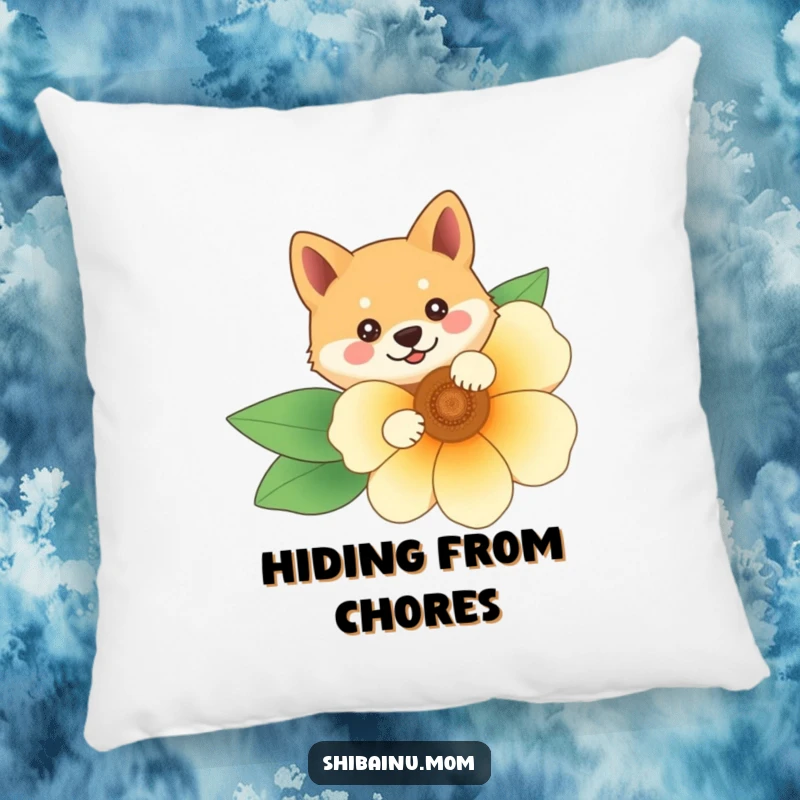 Funny Shiba Inu pillow with the character peeking from behind a large flower, bringing a sense of playful discovery and comfort.