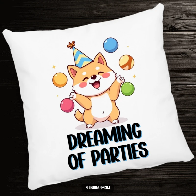 Funny Shiba Inu pillow, party hat, enthusiastically juggling colorful balls, soft and humorous decor, a perfect funny gift.