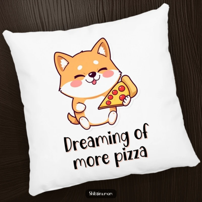 Funny Shiba Inu pillow with a mischievous wink and a giant slice of pizza, adding comfort and humor to any room.