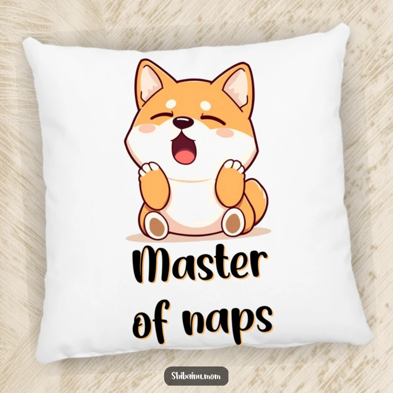 Funny Shiba Inu pillow featuring a dog in a massive yawn, stretching its paws upwards, perfect for cozy comfort.