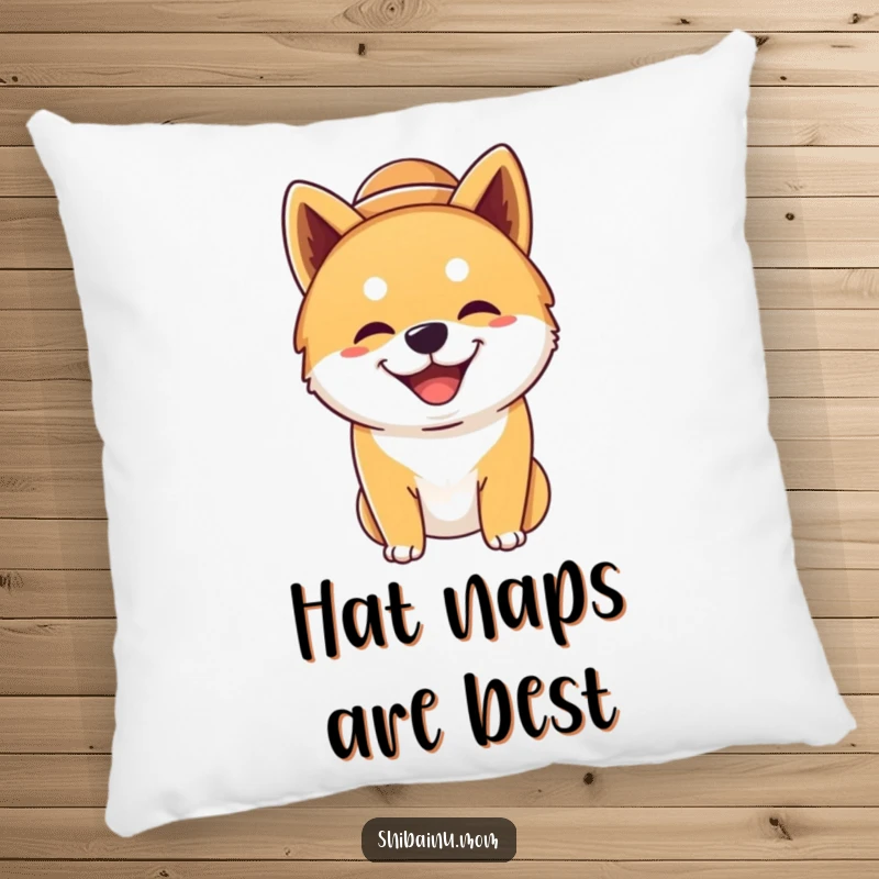 Funny silly Shiba Inu dog pillow, wearing a large hat, grinning widely, featuring a humorous and happy dog, perfect for snuggling.