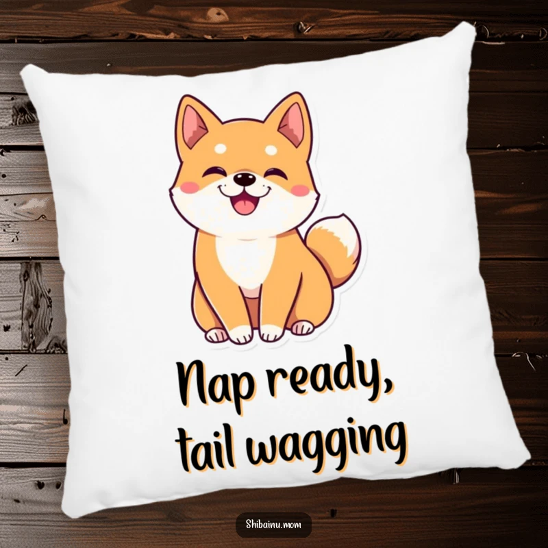 Funny kawaii Shiba Inu pillow with large ears and a tail wiggling with joy, bringing comfort and a humorous touch to any room.
