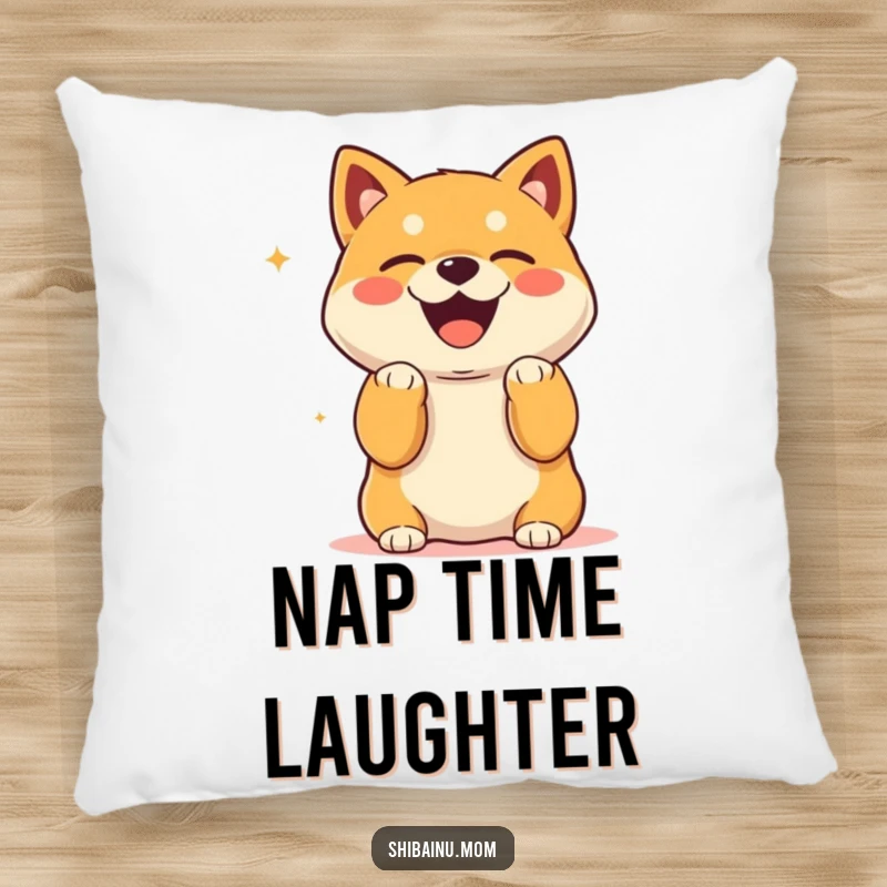 Funny Kawaii Shiba Inu Pillow with paws up, laughing heartily, perfect for cozy comfort.