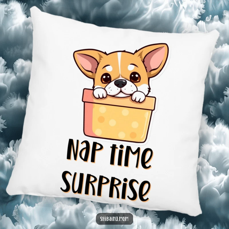 Funny Dog Pillow: Cute puppy with perky ears peeking inquisitively from a vibrant gift box, adding a touch of fun.