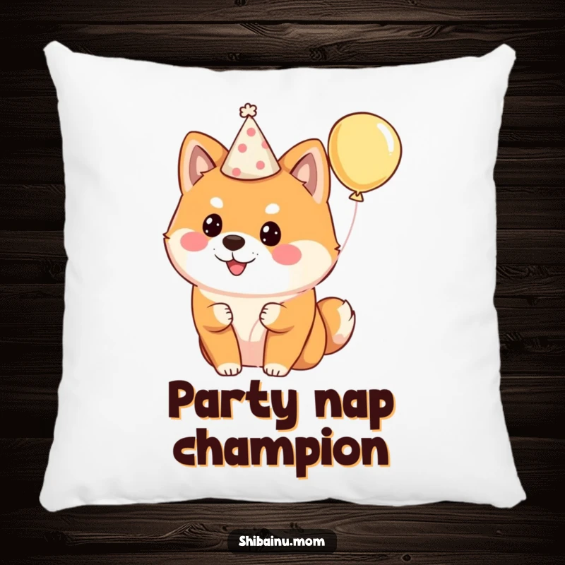 Funny Shiba Inu pillow featuring a fluffy dog adorned with a party hat and holding a balloon, adding festive cheer.