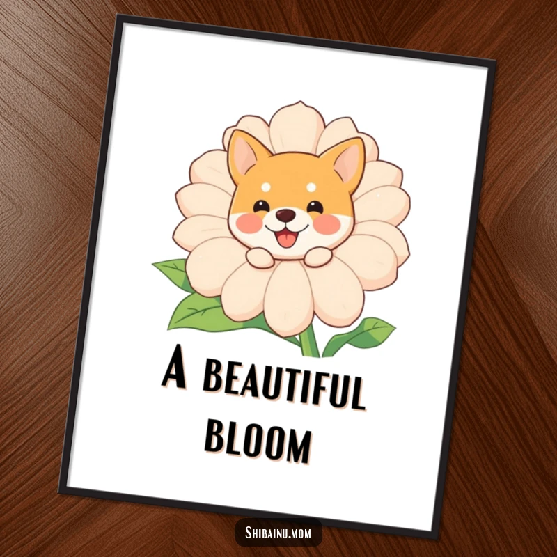 Funny Shiba Inu peeking digital art, cute dog peeks from a giant smiling flower, printable humorous artwork for instant decor.