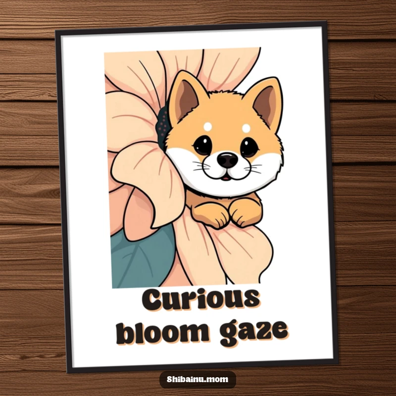 Funny Shiba Inu Digital Art: A curious Shiba Inu peeks from behind a giant flower, a charming and whimsical digital artwork.