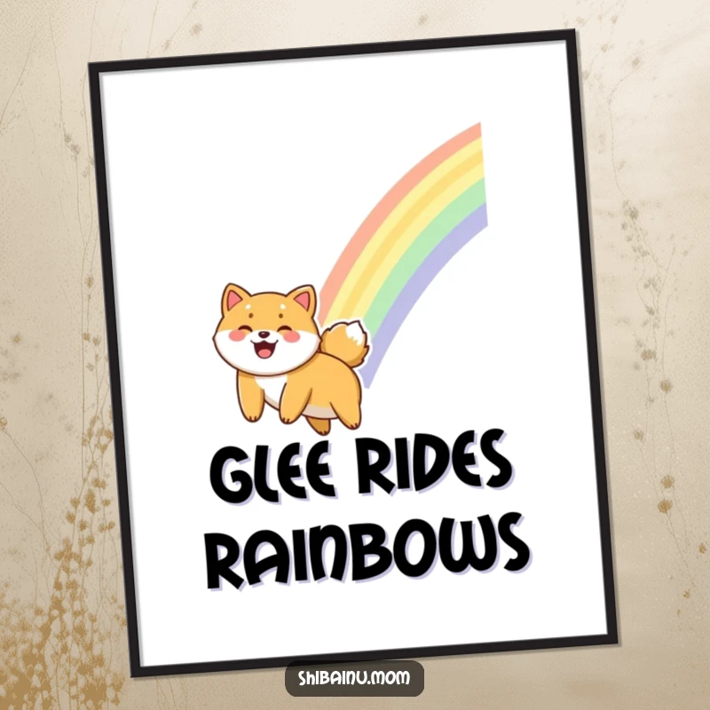 Funny Shiba Inu digital art of a dog giggling gleefully as it slides down a vibrant, colorful rainbow, full of pure joy.