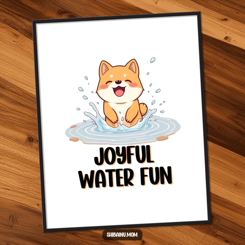 Funny digital art print of a Shiba Inu dog joyfully splashing in a puddle, water droplets flying, ideal for instantly adding cheerful humor.