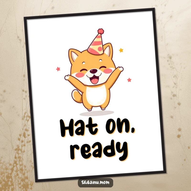 Funny Kawaii Shiba Inu Digital Art Print wearing a party hat, bouncing with excitement, for instant decor.