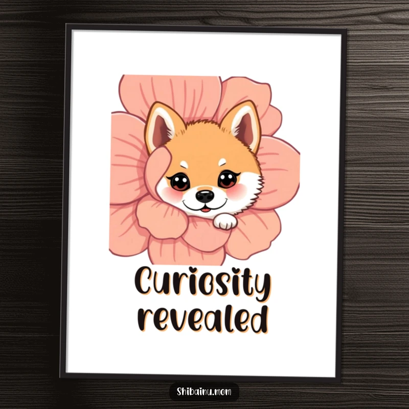 Funny Shiba Inu digital art print of a dog with wide eyes peeking from behind a flower, radiating adorable curiosity.