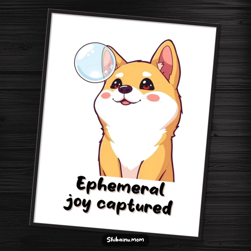 Funny Shiba Inu digital art print, a curious dog stares up at a floating bubble, radiating cheerful innocence and playful charm.