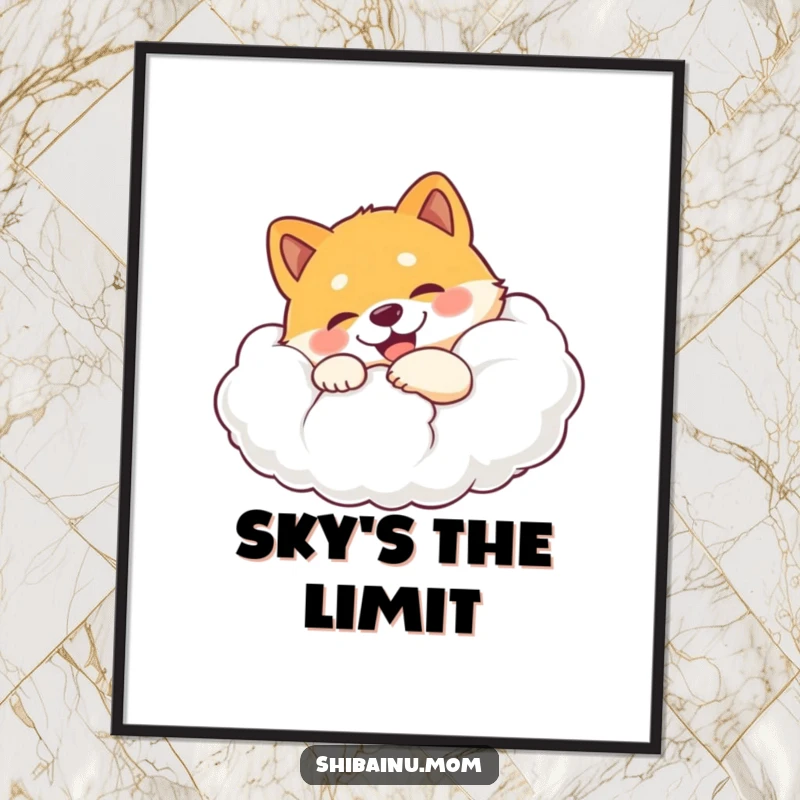 Funny Shiba Inu digital art print of a happy dog hugging a giant, fluffy cloud with an expression of pure delight.