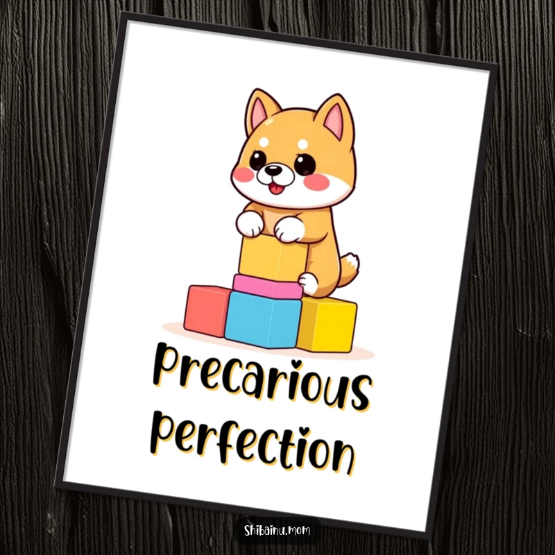 Funny Shiba Inu Digital Art Print of a dog balancing wobbly blocks. Captures playfulness, a funny gift.