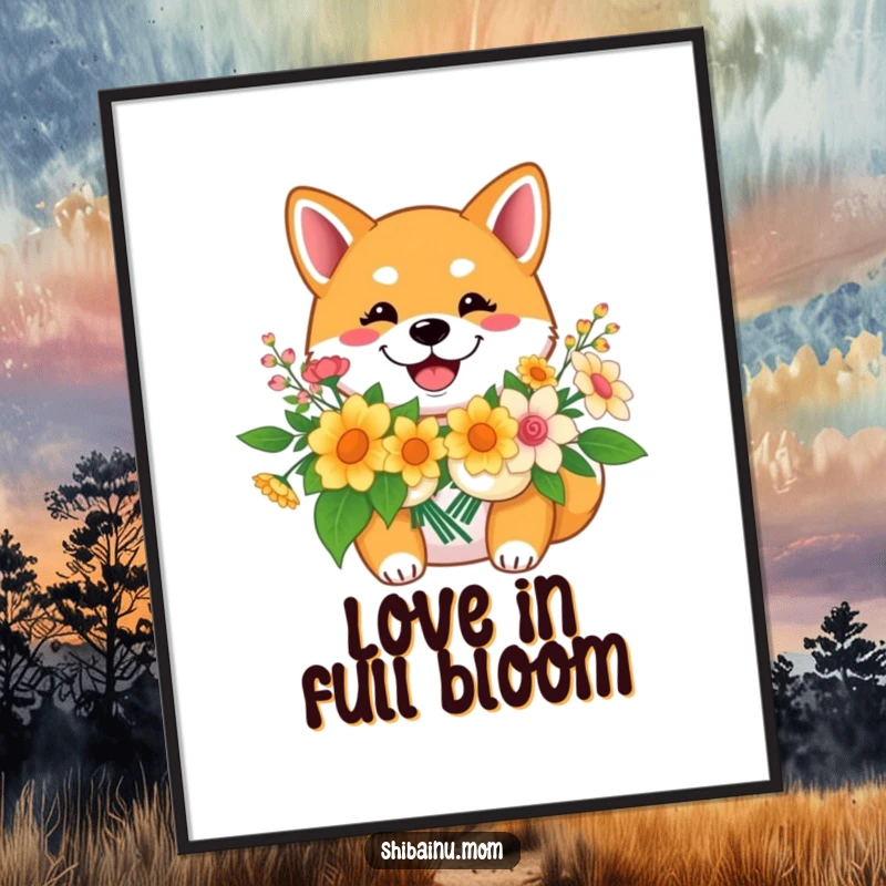 Funny Shiba Inu digital art print, a smiling dog holds flowers, conveying cheerful affection and pure joy.