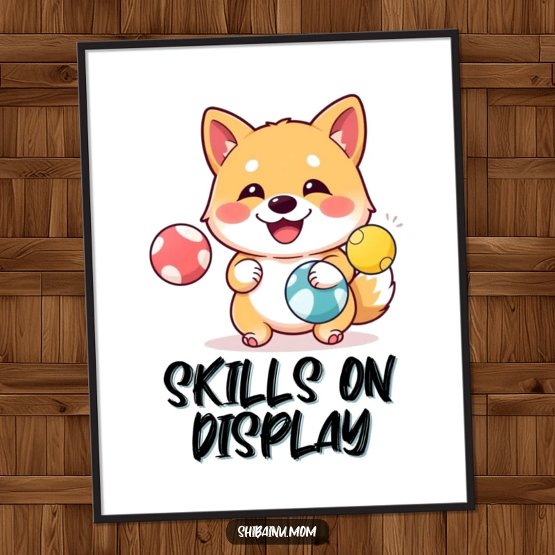 Funny Shiba Inu Digital Art: A happy Shiba Inu juggles colorful balls, a skillful and joyful digital artwork.