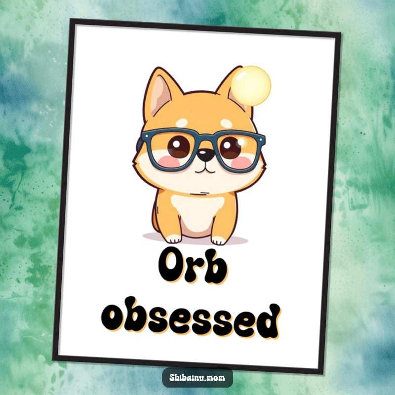 Funny Shiba Inu digital art print, oversized glasses, curious about a glowing orb, perfect for wall decor, a unique funny gift.