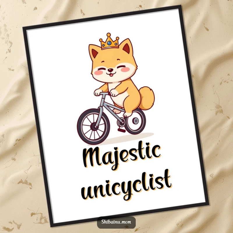 Funny Shiba Inu unicycle digital art, a crowned dog winks while riding a unicycle, printable artwork with regal humor.