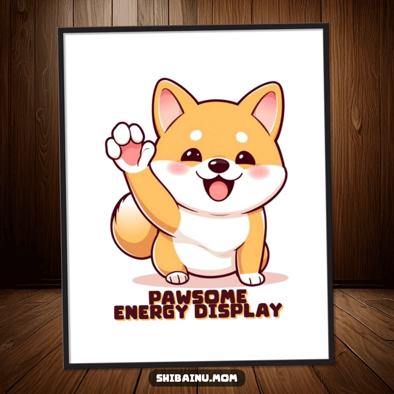 Funny Shiba Inu digital art print depicting an excited dog waving its paw with its tail wagging rapidly, perfect for cheerful decor.