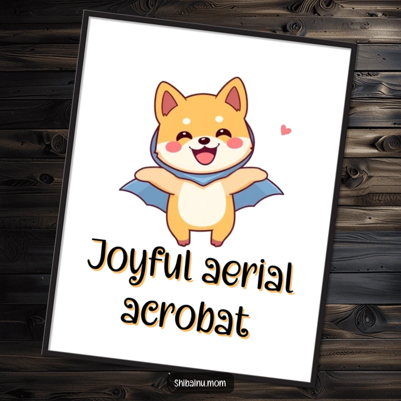 Funny Shiba Inu dog digital art print, a joyful Shiba Inu with a tiny cape, soaring through the air with pure happiness.