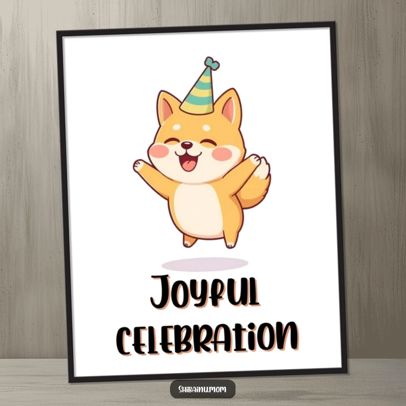 Funny Shiba Inu Digital Art: A Shiba Inu wearing a party hat jumps for joy, a delightful and festive artwork.