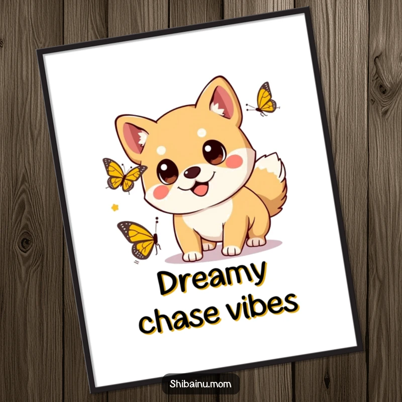 Funny kawaii Shiba Inu dog with big eyes chasing a butterfly, high-resolution digital art print, radiating playfulness.