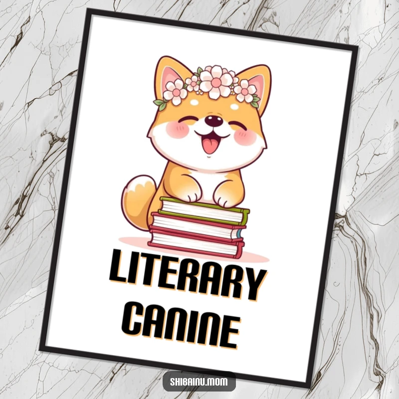 Funny Shiba Inu digital art print, flower crown, giggling while balancing books, whimsical and humorous wall decor, a perfect funny gift.