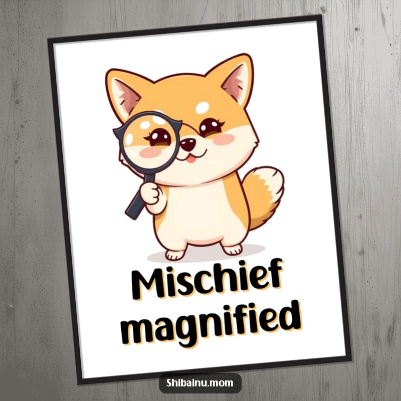 Funny Shiba Inu dog digital art print, a mischievous Shiba Inu holding a magnifying glass, perfect for adding intrigue.