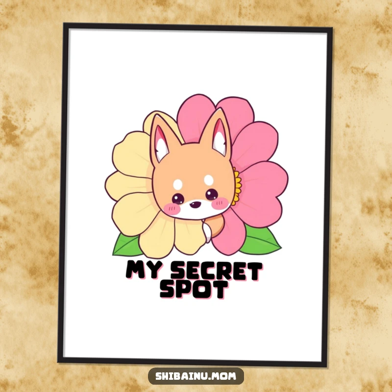 Funny Shibainu digital art print of a dog peeking from behind a flower, adding playful charm.