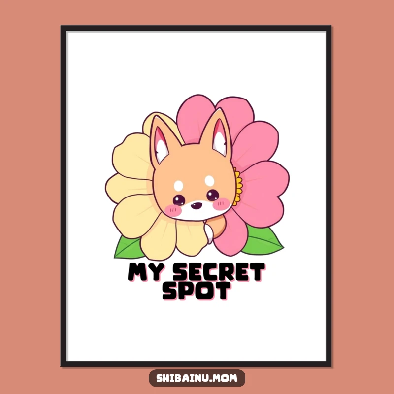 Funny Shibainu Flower Peek Digital Art, Cute Hidden Dog Wall Decor, Perfect Funny Gift