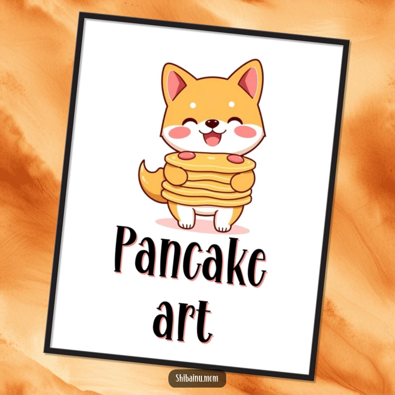Funny Shiba Inu digital art print of a smiling doggle carrying a tall stack of delicious pancakes.