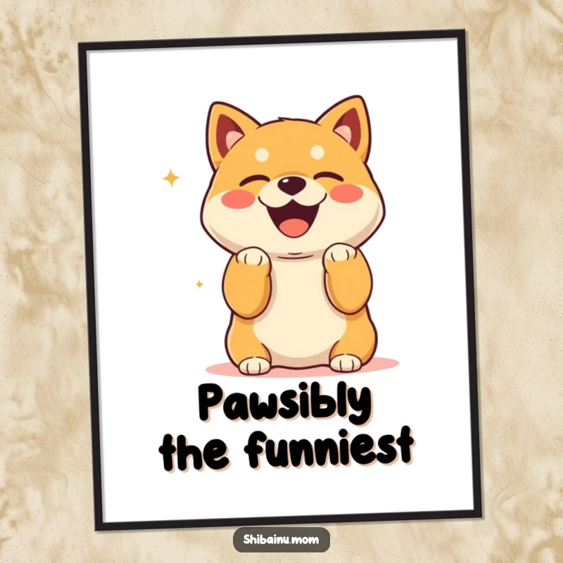 Funny Kawaii Shiba Inu Digital Art Print with paws up, laughing heartily, for instant decor.