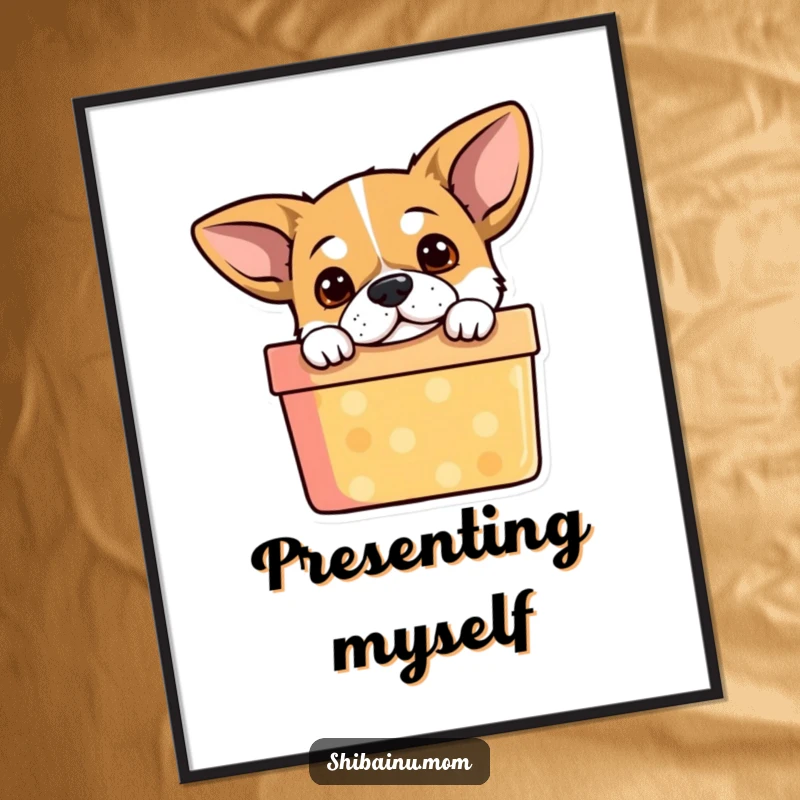 Funny Dog Digital Art Print: A curious puppy with alert ears peeking out from a colorful gift box, full of personality.
