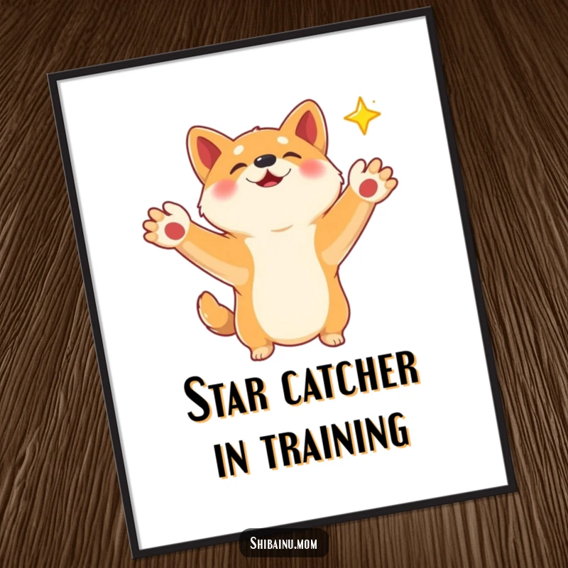 Funny Shiba Inu digital art print with paws outstretched, reaching for a falling star, capturing magical hope for digital spaces.