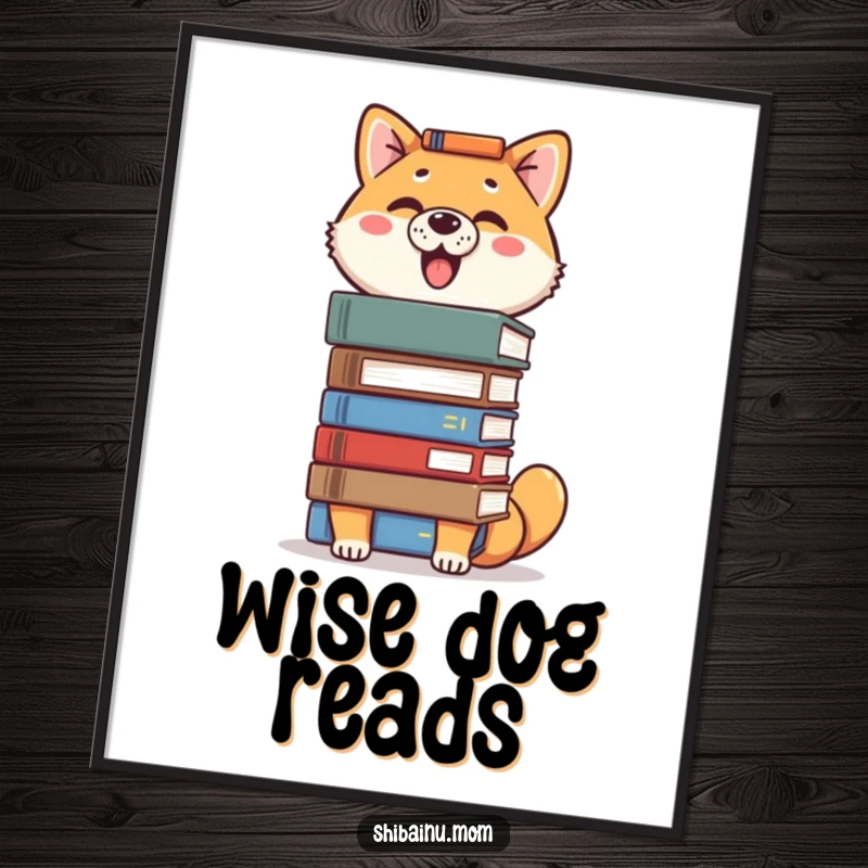 Funny Shiba Inu digital art of a proud dog balancing a stack of books on its head, exuding intelligence and knowledge.