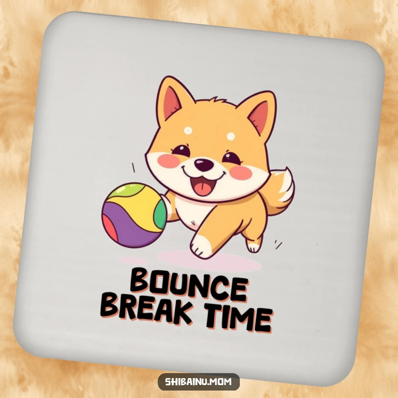 Funny Kawaii Shiba Inu coaster showcasing a cute puppy joyfully chasing a colorful bouncing ball, protecting surfaces stylishly.