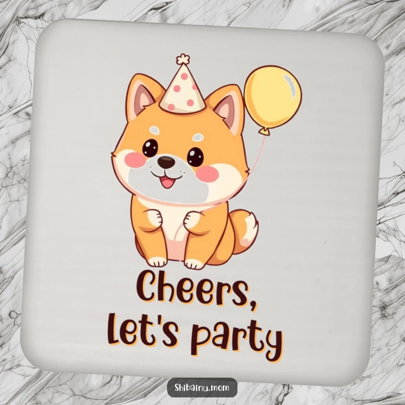 Funny Shiba Inu coaster featuring a fluffy dog wearing a party hat and holding a balloon, protecting surfaces with festive charm.