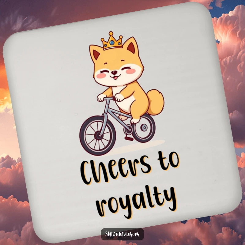 Funny Shiba Inu unicycle coaster, a crowned dog winks while riding a unicycle, protects surfaces with royal humor.