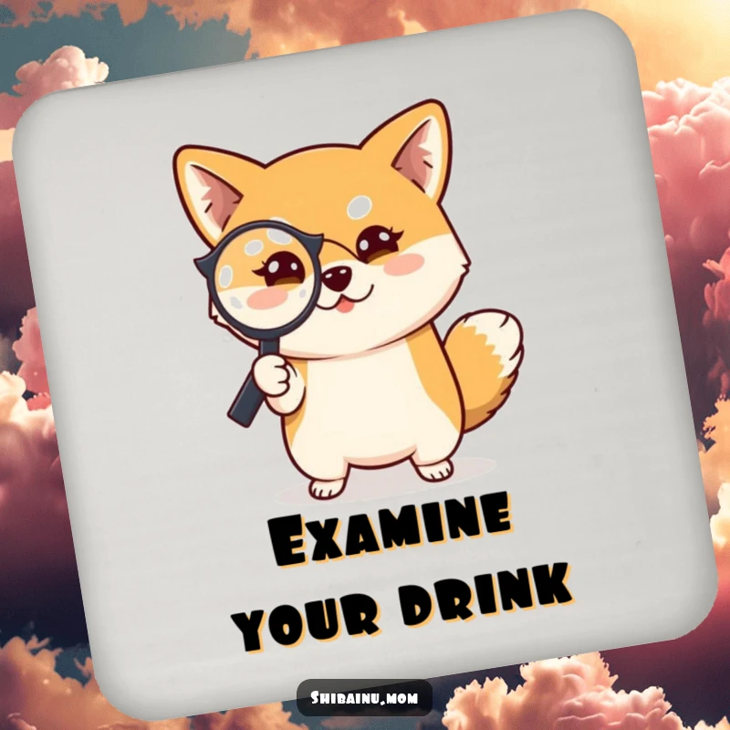 Funny Shiba Inu dog coaster art, showing a mischievous Shiba Inu with a magnifying glass, perfect for adding a touch of detection.