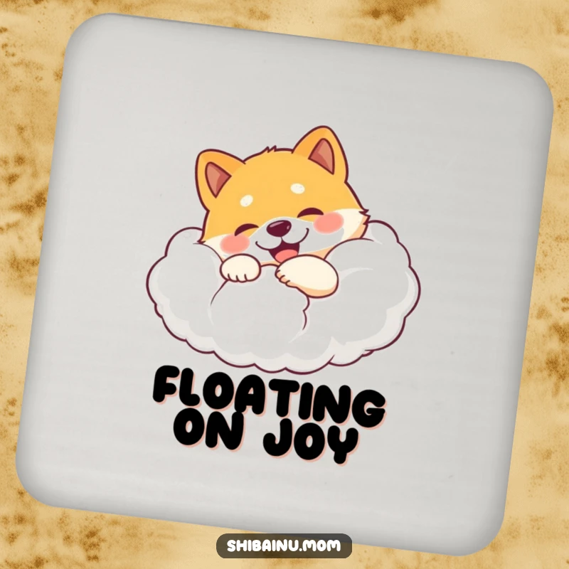 Funny Shiba Inu coaster showcasing a happy dog hugging a large, fluffy cloud with an expression of pure delight.