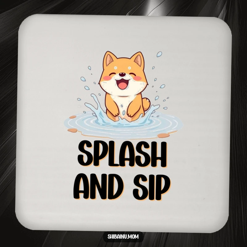 Funny drink coaster featuring a Shiba Inu dog joyfully splashing in a puddle, water flying, providing surface protection with a splash of humor.
