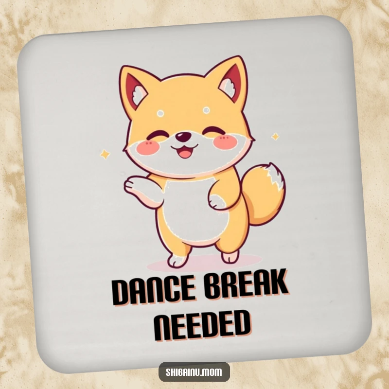 Funny Kawaii Shiba Inu coaster with a floppy-eared dog in a joyful dance. Protects surfaces with cute, happy artwork, a great funny gift.