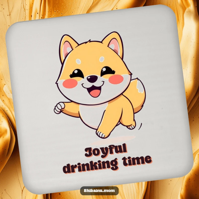 Funny Kawaii Shiba Inu coaster with a goofy dog running joyfully. Protects surfaces with happy artwork, a great funny gift.