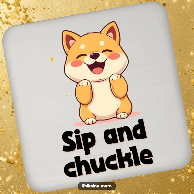 Funny Kawaii Shiba Inu Coaster with paws up, laughing heartily, protects surfaces humorously.